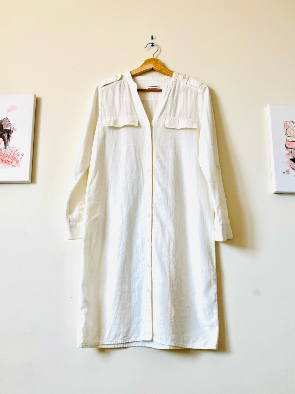 Calvin Klein Ivory Linen Blend Roll Sleeves Button-Front Shirtdress Size 4.